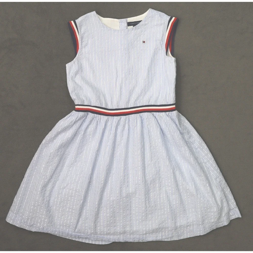 Tommy Hilfiger Striped Dress Kids 8 Blue Seersucker Metallic Sleeveless